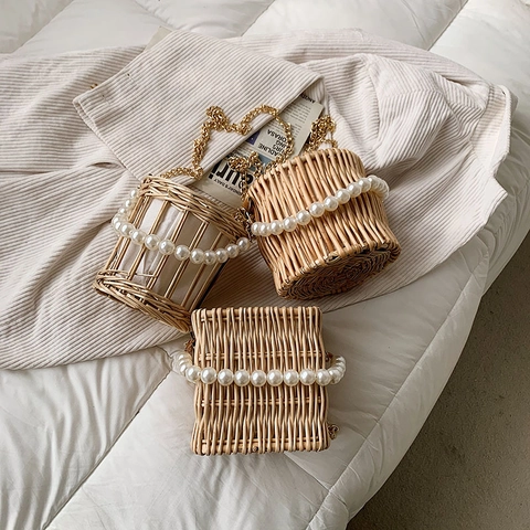 Women Straw Woven Bucket Bag Artificial Pearl Handle Metal Chain Shoulder Crossbody Handbag Summer Beach Vacation Style