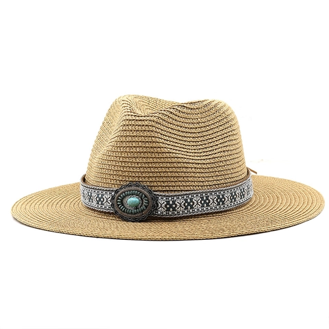 Cappello Di Paglia Fedora Tesa Larga Estate Sole Spiaggia Etnico Fascia Turchese Bohemian Vintage Viaggio Esterno Unisex