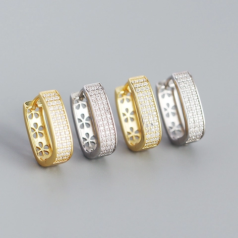 925 Sterling Silver Hoop Earrings With Pave Cubic Zirconia U Shaped Hollow Flower Pattern Fashion Jewelry For Women