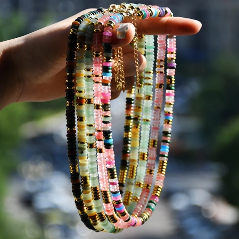 Natural Stone Beaded Necklace Colorful Disc Gemstone Clavicle Chain With 316L Stainless Steel Clasp For Women Jewelry