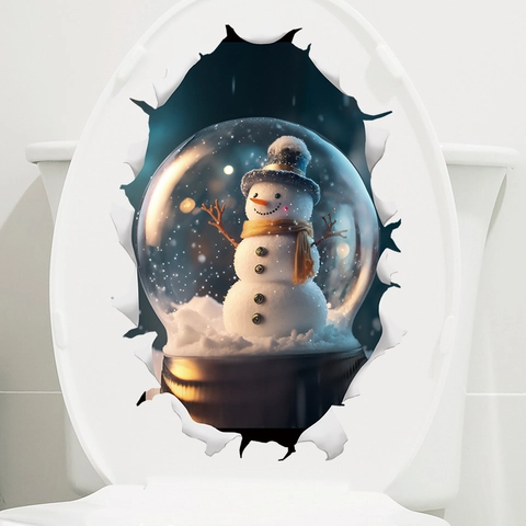 Adhesivo 3D Navideño Para Inodoro Muñeco De Nieve Vinilo De PVC Impermeable Efecto De Pared Rota Decoración De Baño