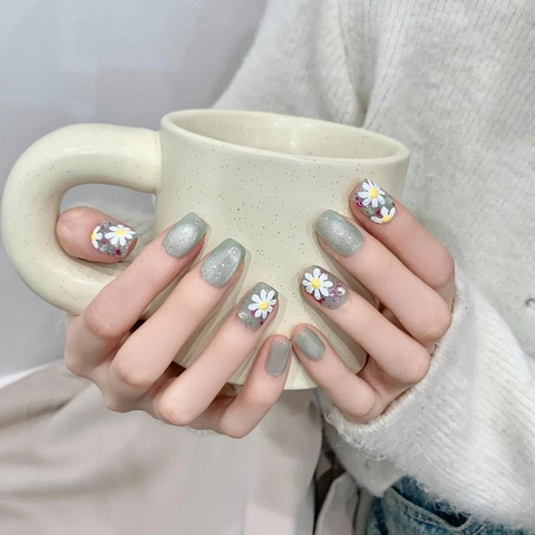 Handmade Sage Green Cat Eye Press On Nails With White Daisy Short Square Round Reusable Full Cover False Nails For Women