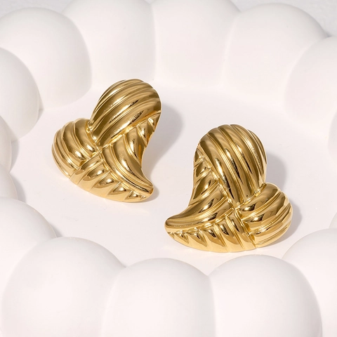 Orecchini A Lobo A Forma Di Cuore Acciaio Inossidabile Placcato Oro Trama A Righe Gioielli Retro Per Donna