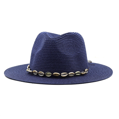 Fedora Straw Sun Hat With Shell Decoration Band Wide Brim Breathable Summer Beach Outdoor Bohemian Style Women