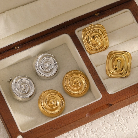 Geometric Whirlpool Textured Stud Earrings 18K Gold Plated 304 Stainless Steel Minimalist Jewelry For Women
