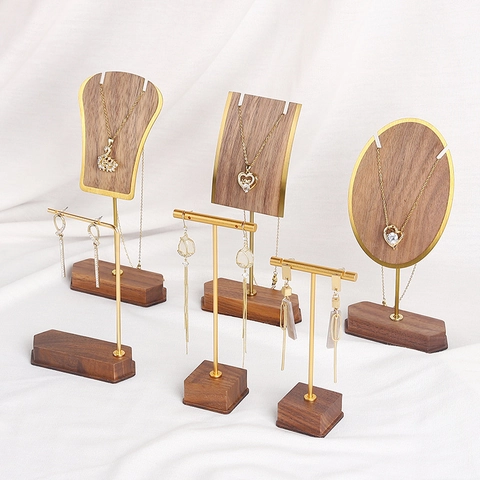 Jewelry Display Stand Solid Walnut Wood Base Metal Brass T-Shaped Earring Holder Necklace Organizer Desktop Countertop