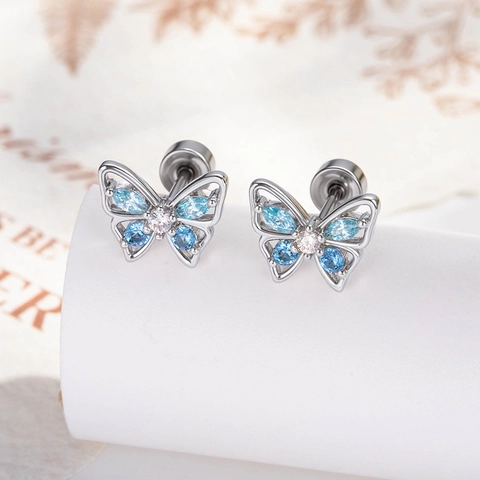 Vlinder Oorkraakbeen Stud Titanium Staal Koper Blauw Wit Zirconia Piercing Schroefsluiting Minimalistische Sieraden Voor Dames