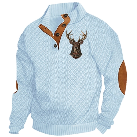 Men Stand Collar Knit Sweater Long Sleeve Casual Outdoor Pullover With Buttons Contrast Elbow Patches Graphic