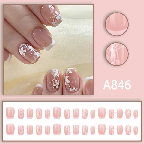 Nude Pink French Press On Nails White Floral Glossy Square Artificial Fingernails Sweet Elegant Style For Women