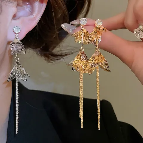 Hollow Petal Flower Drop Earrings With Zircon And Silver Earring Post Long Tassel Copper Light Luxury Jewelry Women