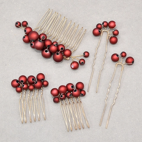 Accessori Capelli Sposa Fatti a Mano Lega Oro Rosso Perle Artificiali Pettini Forcine per Matrimonio Festa Donna Gioielli