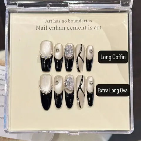 Uñas Postizas Hechas A Mano Press On Nails Long Coffin Stiletto Ojo De Gato Lujo Brillantes French Tip Degradado Negro