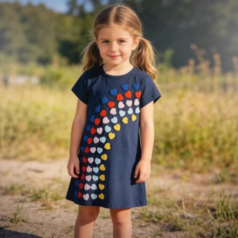 Girls Combed Cotton Short Sleeve Dress Navy Blue Heart Chenille Embroidery Princess Style Summer Casual Outfit For Toddlers
