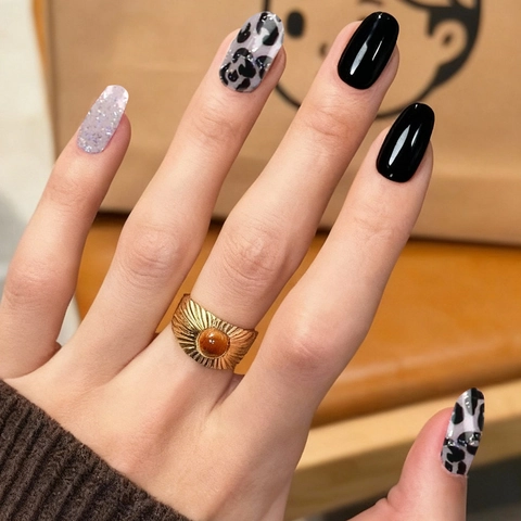 Uñas Press On Con Estampado De Leopardo Negro Brillante Rosa Purpurina Cuadradas Manicura Artificial Tendencia