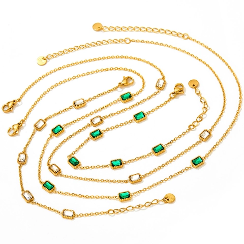 Stainless Steel Necklace Bracelet And Anklet Jewelry Zircon Emerald Cut Rectangular Colorful Crystal Minimalist For Women