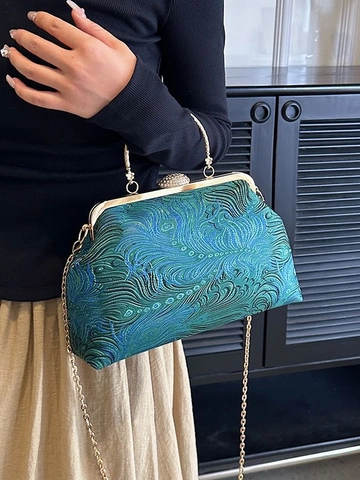 Vintage Chinese Style Evening Bag Brocade Velvet Peacock Embroidery Metal Handle Chain Strap Banquet Handbag For Women
