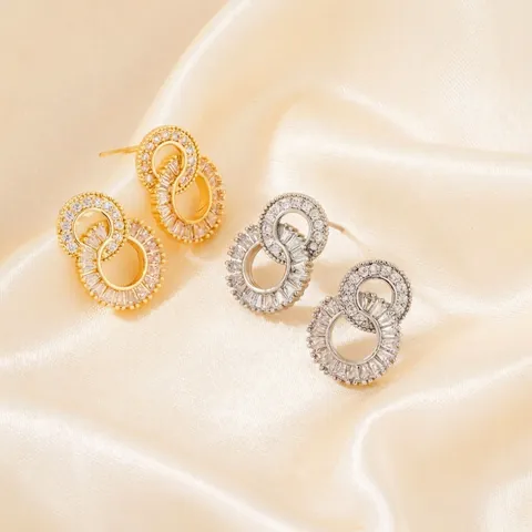 Koreaanse Stijl In elkaar Grijpende Dubbele Cirkel Oneindig Zirconia Oorknopjes Voor Vrouwen Luxe Goud Zilveren Sieraden
