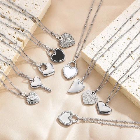 Heart Pendant Necklace Stainless Steel Jewelry For Women Zircon Inlay Enamel Lock Key Shape Beaded Chain Elegant Accessory