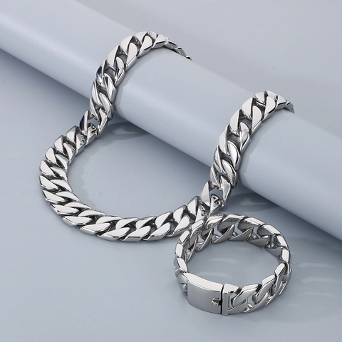 Roestvrijstalen Cubaanse Schakelketting En Armband Grof Hip Hop Heren Sieraden Gepolijst Biker Stijl