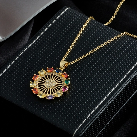 Collar Con Colgante De Corazón Cobre Chapado En Oro Circón Colorido Diseño De Girasol Redondo Joyas Para Mujer