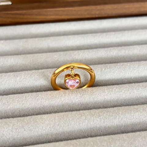 Anillo Con Ciondolo A Cuore Zirconia Acciaio Inossidabile Placcato Oro Gioielli Vintage Per Donna