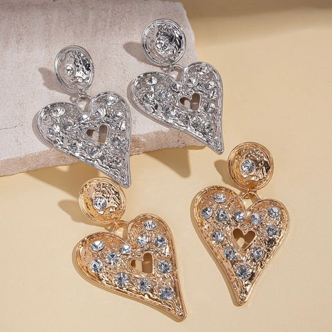 Orecchini A Goccia A Cuore In Lega E Strass Con Perno In Argento Sterling 925 Texture Martellata Cavo Grande Moda Retro Donna