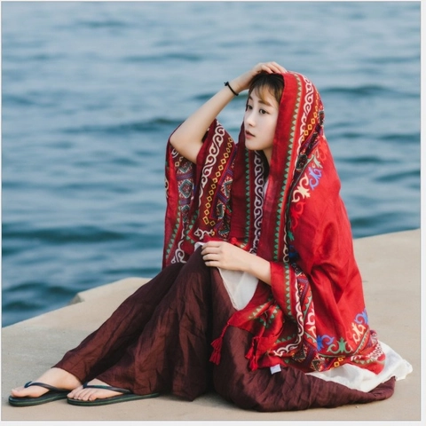Grande Sciarpa Scialle Cotone Lino Stampa Etnica Boho Spiaggia Viaggio Protezione Solare Donne Vintage Esotico