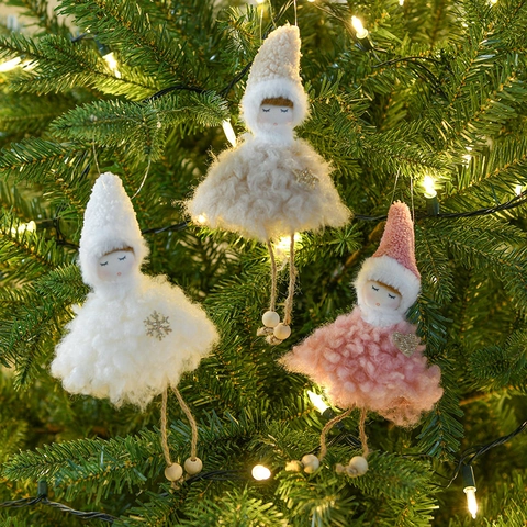 Angelo Di Natale Bambola Di Peluche Ornamento Da Appendere Ragazza Cappello Maglia Perline Legno Corda Canapa Arredo