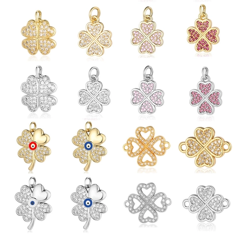Clover Pendant Charm Copper Cubic Zirconia Micro Pave Evil Eye Lucky DIY Jewelry Making Accessory For Women Girls