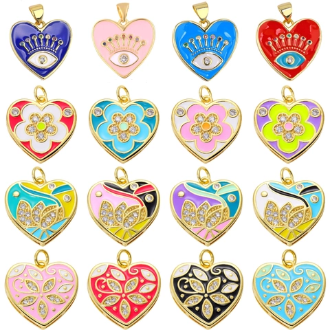 Heart Shape DIY Jewelry Charms Copper Gold Plated With Zircon And Enamel For Necklace Bracelet Making Evil Eye Pattern