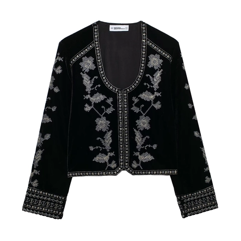 Damen Samt Bestickte Jacke Floral Vintage Kurzmantel Elegant Langarm Reißverschluss Oberbekleidung