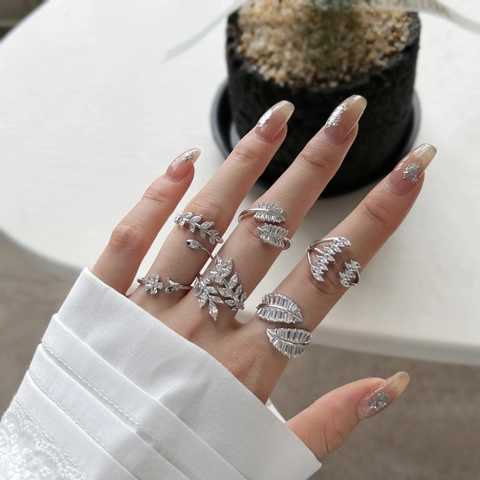 925 Sterling Silver Adjustable Open Ring Zircon Leaf Flower Butterfly Nature Delicate Jewelry For Women