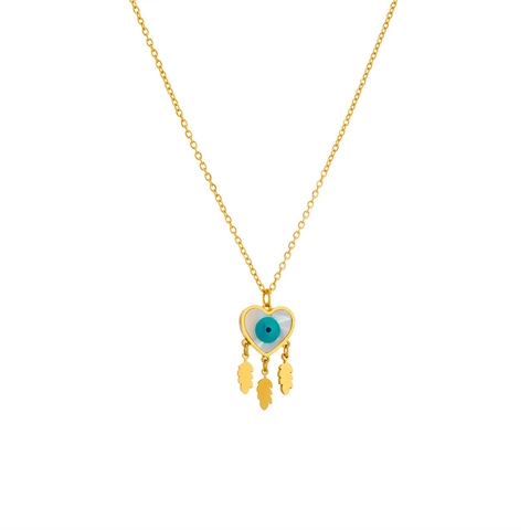 Gold Evil Eye Heart Pendant Necklace Stainless Steel Feather Tassel Charm Jewelry For Women