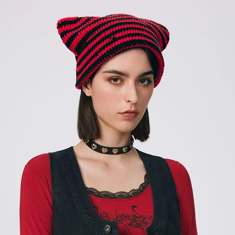 Women Striped Cat Ear Knitted Beanie Hat Handmade Acrylic Warm Winter Pullover Skull Cap For Punk E-Girl Cosplay Outdoor