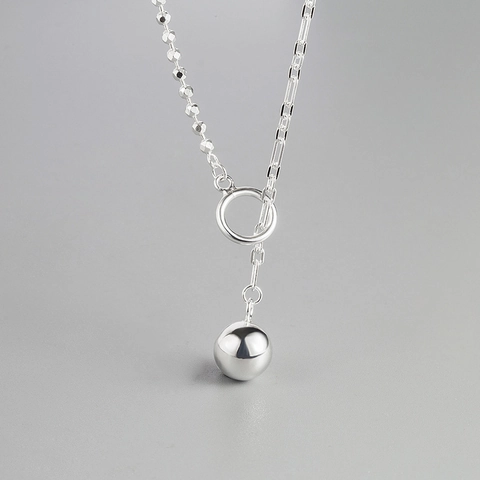Collier En Argent Sterling 925 Pendentif Boule Polie Chaîne Épissée Irrégulière Double Couche Bijoux Géométriques Minimalistes