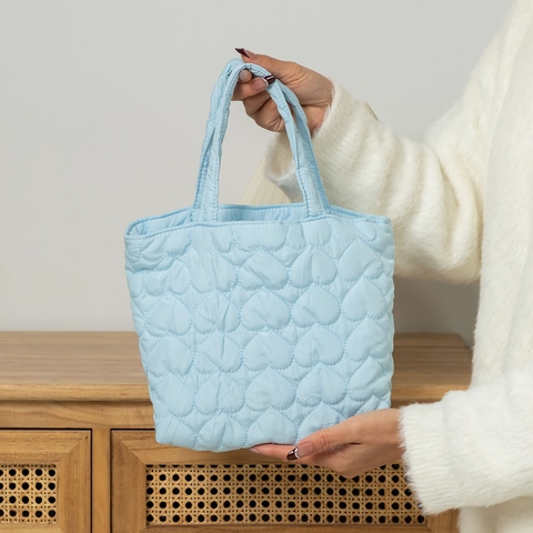 Cute Heart Quilted Handbag Puffy Soft Polyester Padded Tote Bag For Women Girls Student Daily Shopping