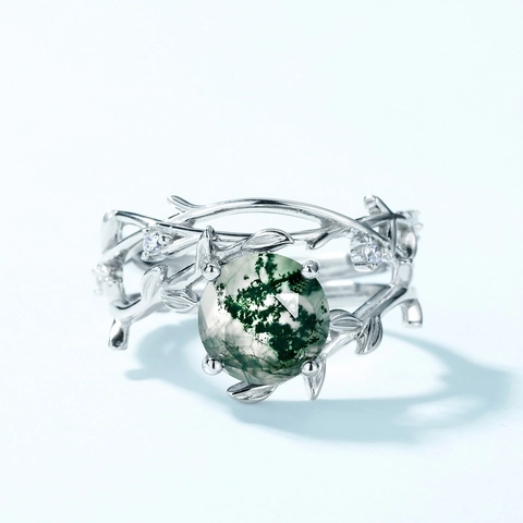 925 Sterling Silver Moss Agate Ring Set Adjustable Branch Leaf Stackable Natural Stone Zirconia Inlaid Jewelry For Women