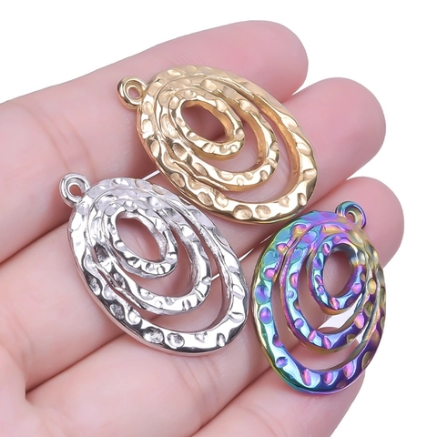 Colgantes De Acero Inoxidable Martillado Ovalados Dijes Triple Capa Concéntrica Accesorios Para Hacer Joyas DIY