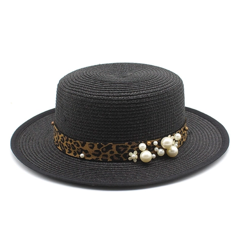 Sombrero Canotier Mujer Paja Tejida Cinta Leopardo Perla Artificial Flor Copa Plana Protección Solar Playa Vacaciones