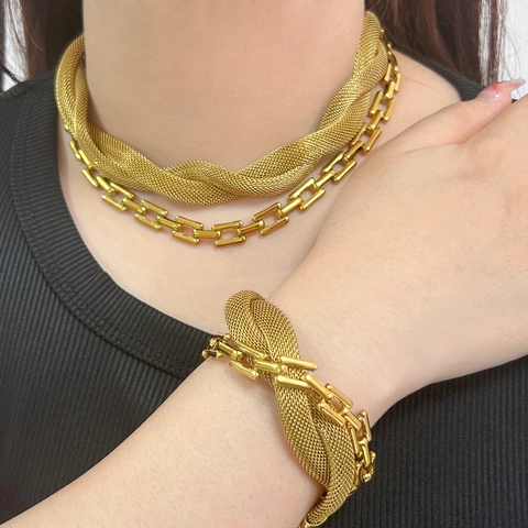 Collana E Bracciale In Maglia Intrecciata Grossolana Gioielli In Acciaio Inossidabile Per Donna Moda Esagerata Tono Oro Argento