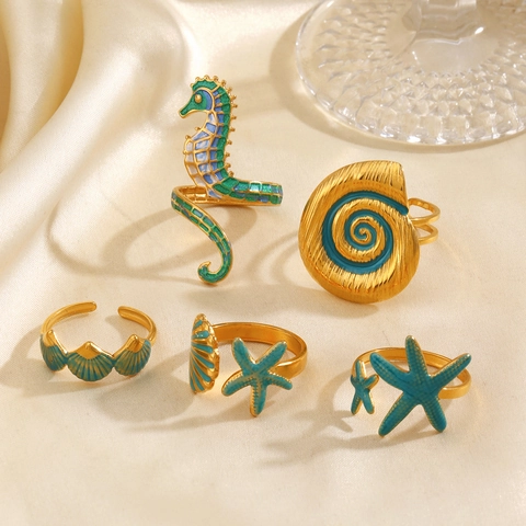 Ocean Theme Adjustable Rings Stainless Steel Seahorse Starfish Shell Enamel Jewelry For Women Summer Beach Vacation
