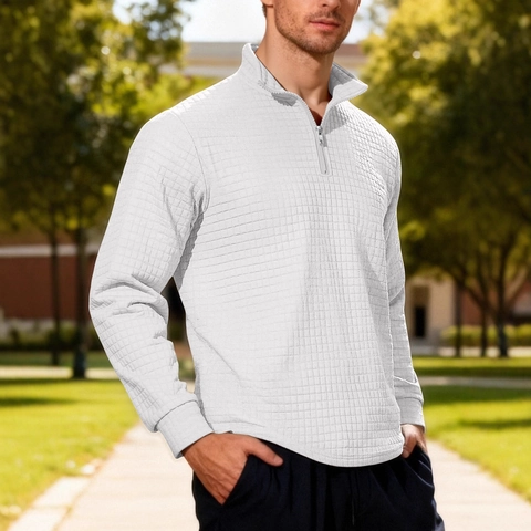 Men Partial Zip Sweatshirt Waffle Knit Jacquard Checkered Stand Collar Long Sleeve Casual Sport Top