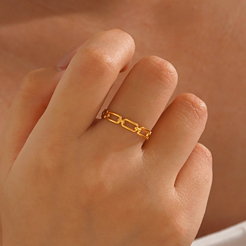 Geometric Chain Link Ring Stainless Steel Minimalist Hip Hop Style For Women Open Adjustable Rectangular Links Jewelry