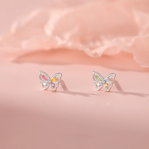 Butterfly Stud Earrings With 925 Sterling Silver Earring Post Colorful Zircon Sweet Fairy Style Jewelry For Women