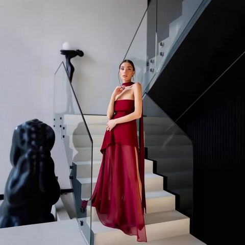 Women Elegant Halter Neck Strapless Maxi Dress Mesh Splicing Irregular Hem Solid Color Elegant Party Long Gown