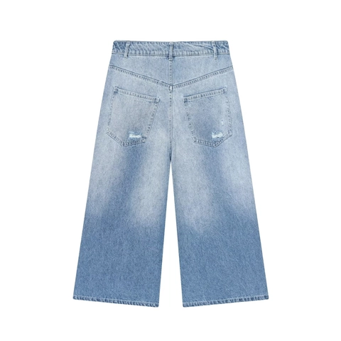 Washed Ripped Jeans Denim Cotton Wide Leg Straight Pants Casual Vintage Mid Waist For Women Light Blue Distressed