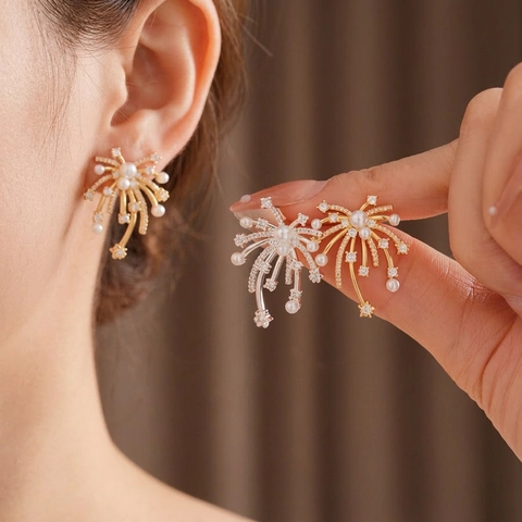 Pendientes De Botón Con Perlas Artificiales De Fuegos Artificiales Y Circón Joyería De Cobre Elegantes Accesorios Para Mujer Poste De Plata