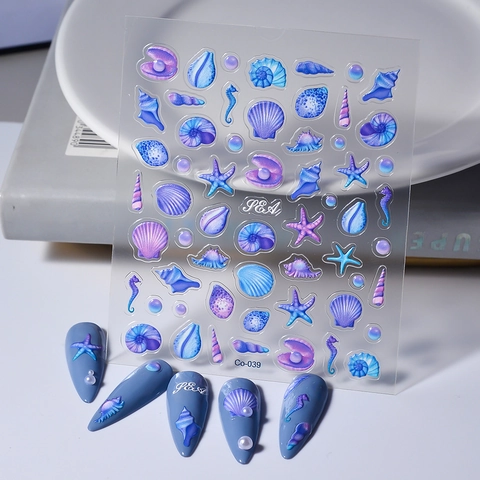 5D Relief Embossed Nail Art Stickers Ocean Shell Starfish Goldfish Theme Waterproof Plastic Adhesive Decals DIY Manicure