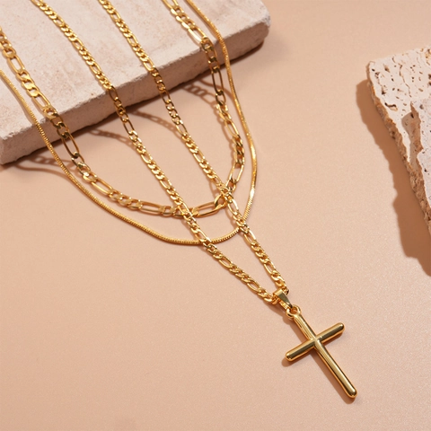 Mehrlagige Kreuz Anhänger Halskette Kupfer Vergoldet Figaro Schlangenkette Minimalistischer Schmuck Frauen