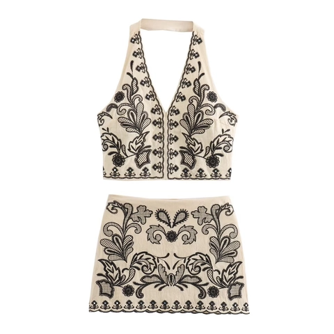 Women Halter Crop Top And Mini Skirt Cotton Polyester Floral Embroidery Sequins Ethnic Boho Style Sleeveless Summer Outfit